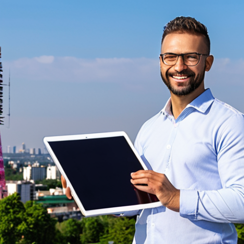 Home 14 **A network engineer stands proudly in front of a newly constructed 5G cell tower in a vibrant, modern city. The city skyline is visible in the background, showcasing a mix of residential and commercial buildings. The engineer is holding a tablet displaying network performance data, with a confident smile. This represents the design, planning, and implementation aspects of 5G network engineering.**