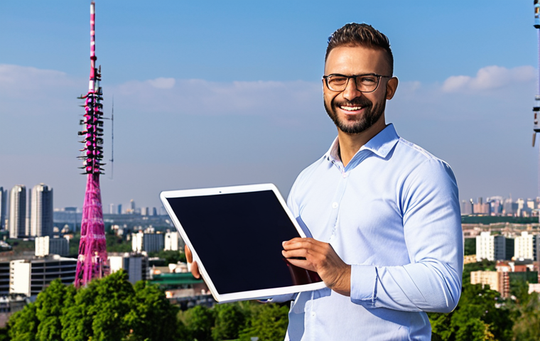 **A network engineer stands proudly in front of a newly constructed 5G cell tower in a vibrant, modern city. The city skyline is visible in the background, showcasing a mix of residential and commercial buildings. The engineer is holding a tablet displaying network performance data, with a confident smile. This represents the design, planning, and implementation aspects of 5G network engineering.**