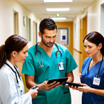 **

Prompt: A busy, modern hospital hallway scene. Doctors and nurses are interacting with patients and using electronic health record (EHR) systems on tablets. Emphasize the integration of digital technology and the reduction of wait times, creating a sense of efficient, patient-centered care. Include diverse representation of medical staff and patients. Focus on clean, bright lighting.

**