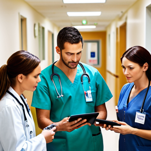 Home 13 **
Prompt: A busy, modern hospital hallway scene. Doctors and nurses are interacting with patients and using electronic health record (EHR) systems on tablets. Emphasize the integration of digital technology and the reduction of wait times, creating a sense of efficient, patient-centered care. Include diverse representation of medical staff and patients. Focus on clean, bright lighting.
**