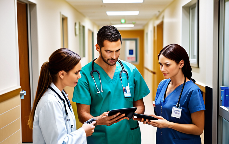 **

Prompt: A busy, modern hospital hallway scene. Doctors and nurses are interacting with patients and using electronic health record (EHR) systems on tablets. Emphasize the integration of digital technology and the reduction of wait times, creating a sense of efficient, patient-centered care. Include diverse representation of medical staff and patients. Focus on clean, bright lighting.

**