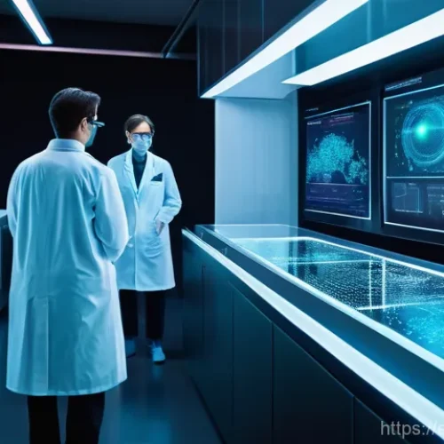 신약 개발 AI 연구원 - **Prompt:** A sleek, futuristic laboratory pulsating with soft, bioluminescent light. In the foregro...