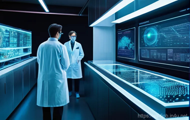 신약 개발 AI 연구원 - **Prompt:** A sleek, futuristic laboratory pulsating with soft, bioluminescent light. In the foregro...