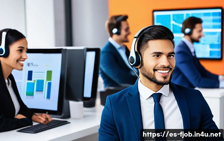 AI 기반 감성 분석가 - A modern customer service center with diverse professionals using advanced AI emotion detection tech...