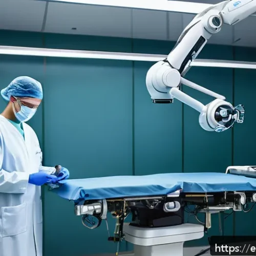 Home 31 첨단 로봇 기술자 - A modern hospital operating room in Spain featuring a surgeon using a Da Vinci robotic surgical syst...