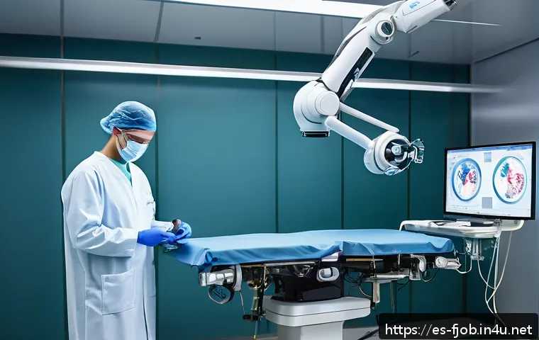 첨단 로봇 기술자 - A modern hospital operating room in Spain featuring a surgeon using a Da Vinci robotic surgical syst...