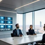 Home 18 AI 기반 법률 분석가 - A modern law office setting in Madrid, Spain, showcasing a diverse group of professional lawyers usi...