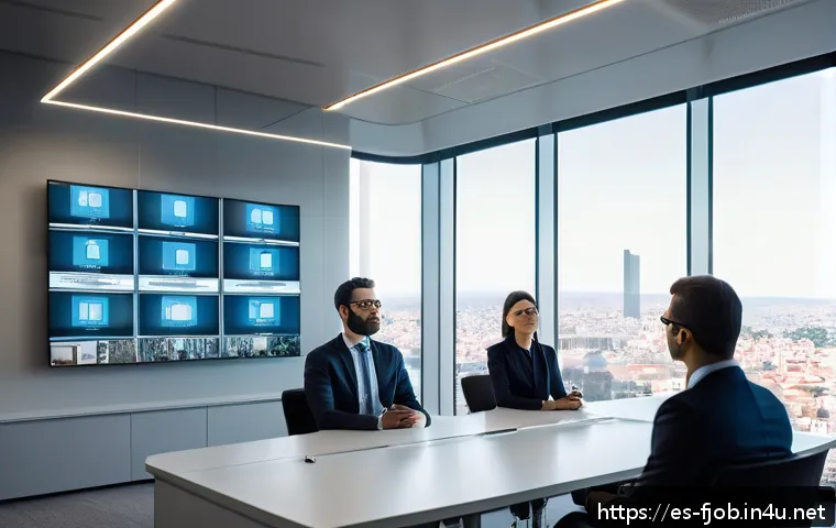 AI 기반 법률 분석가 - A modern law office setting in Madrid, Spain, showcasing a diverse group of professional lawyers usi...