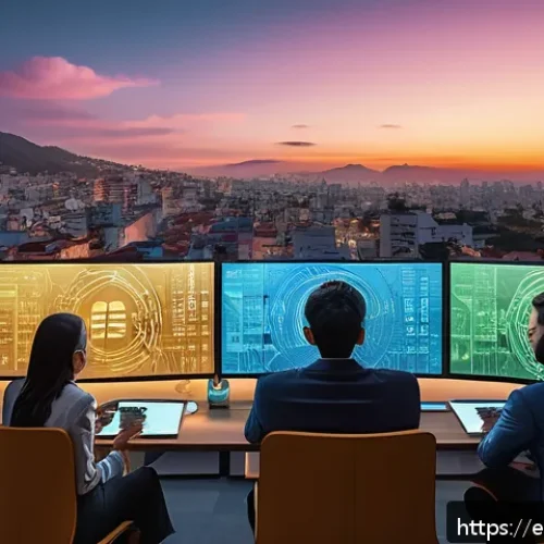Home 17 AI 윤리 전문가 - A futuristic urban setting in a major Latin American city at dusk, showcasing a diverse group of pro...