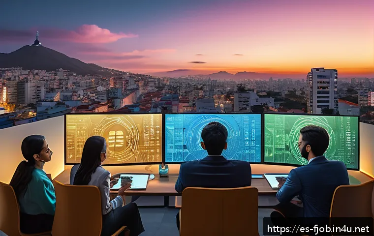 AI 윤리 전문가 - A futuristic urban setting in a major Latin American city at dusk, showcasing a diverse group of pro...